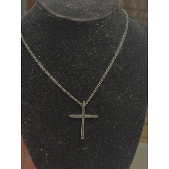 Stamped Chisel Sterling Silver Cross Pendant Necklace - Picture 12 of 12